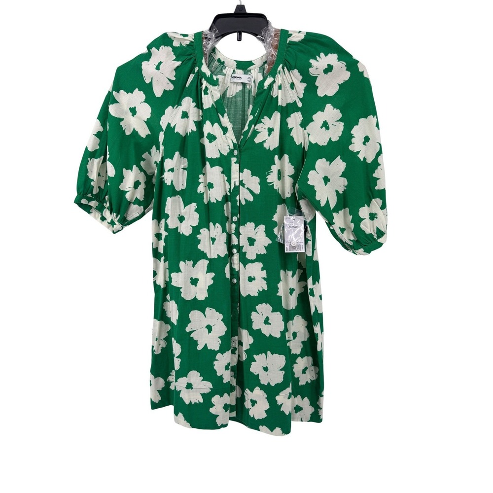 New SONOMA Mini Dress Large Petite Green Floral Puff Sleeve Button Front